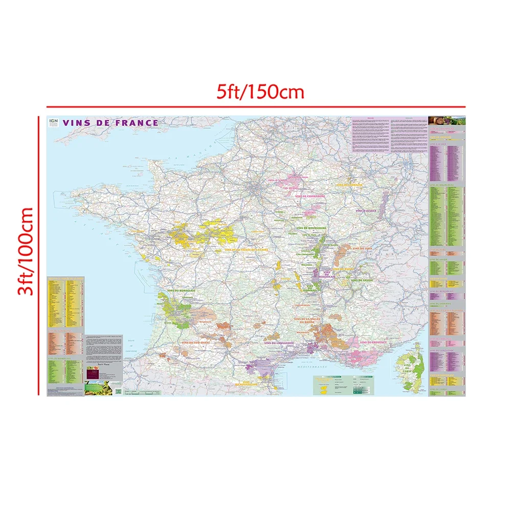 150*100cm Wine Distribution Map of The France in French Non-woven Canvas Painting Wall Art Poster School Supplies Home Decor