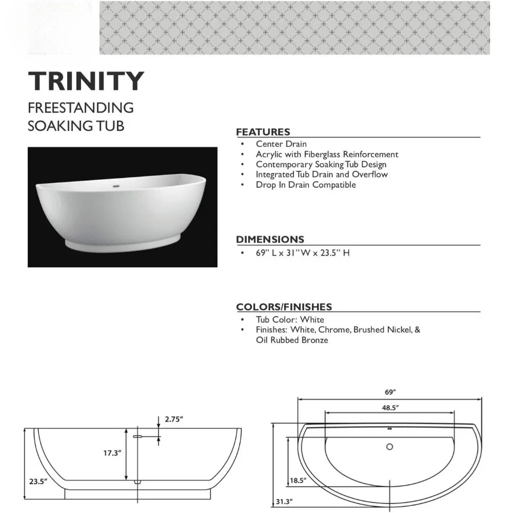 Trinity 69" - Modern White Freestanding Soaking Bath Tubs for bathroom, With Chrome Drain - Semicircular Acrylic Fiberglass 4
