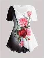 Plus Size Large Casual Set, Summer New Contrasting Rose Flower Print Oversized Round Neck T-Shirt Pants, Slim Fit Two-Piece Set - Image 4