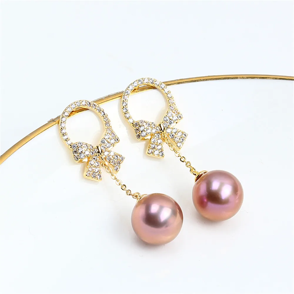 S925 Silver Needle Made in China, 14k Gold Wrapped, Exquisite Bow Knot Style, Pearl Zircon DIY Empty Ear Studs, Female