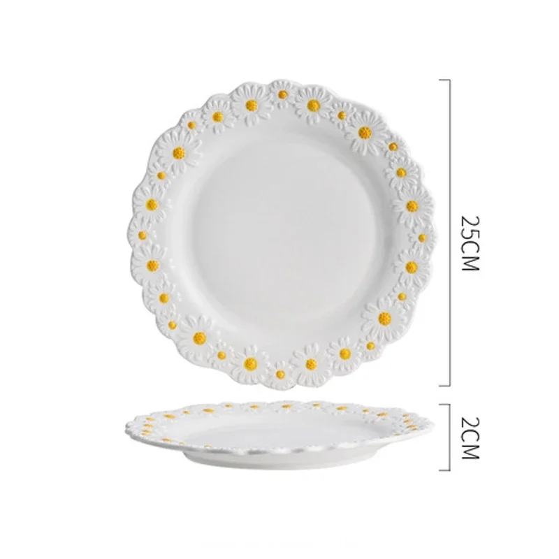 Ceramic Embossed Little Daisy Plate Dinner Household Dishes Rice Soup Bowl Meal Plate Bakeware Kitchen Tableware 1pcs