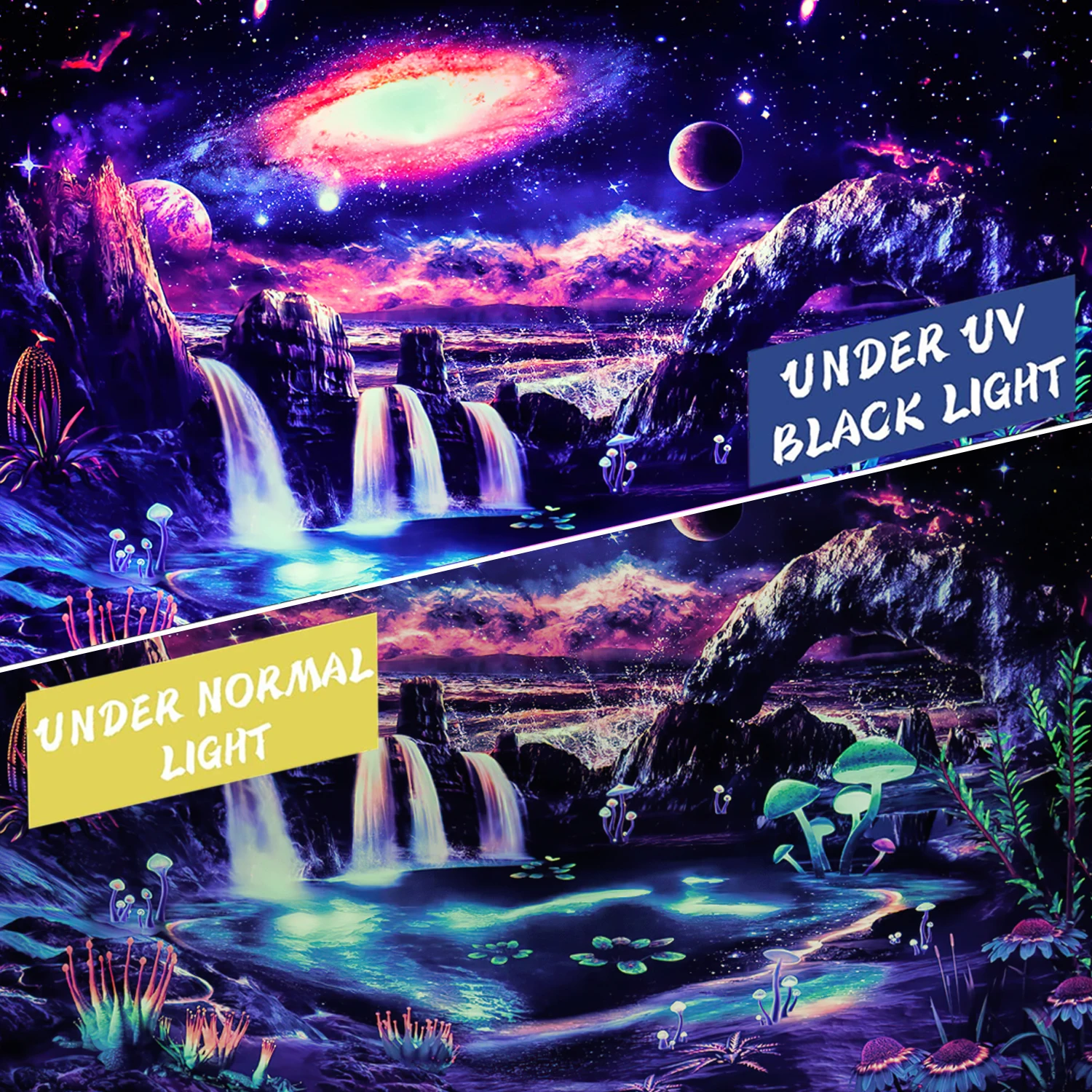 Neon Blacklight Tapestry Fantasy Mountain Waterfall Tapestries,Galaxy UV Reactive Backdrop for Artful Wall Hanging & Home Décor 3