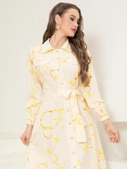 Elegant Long Shirt-Sleeve Dress with Chain Print Design, Belt & Pocket - Sophisticated Collared Neck, Button Details 6
