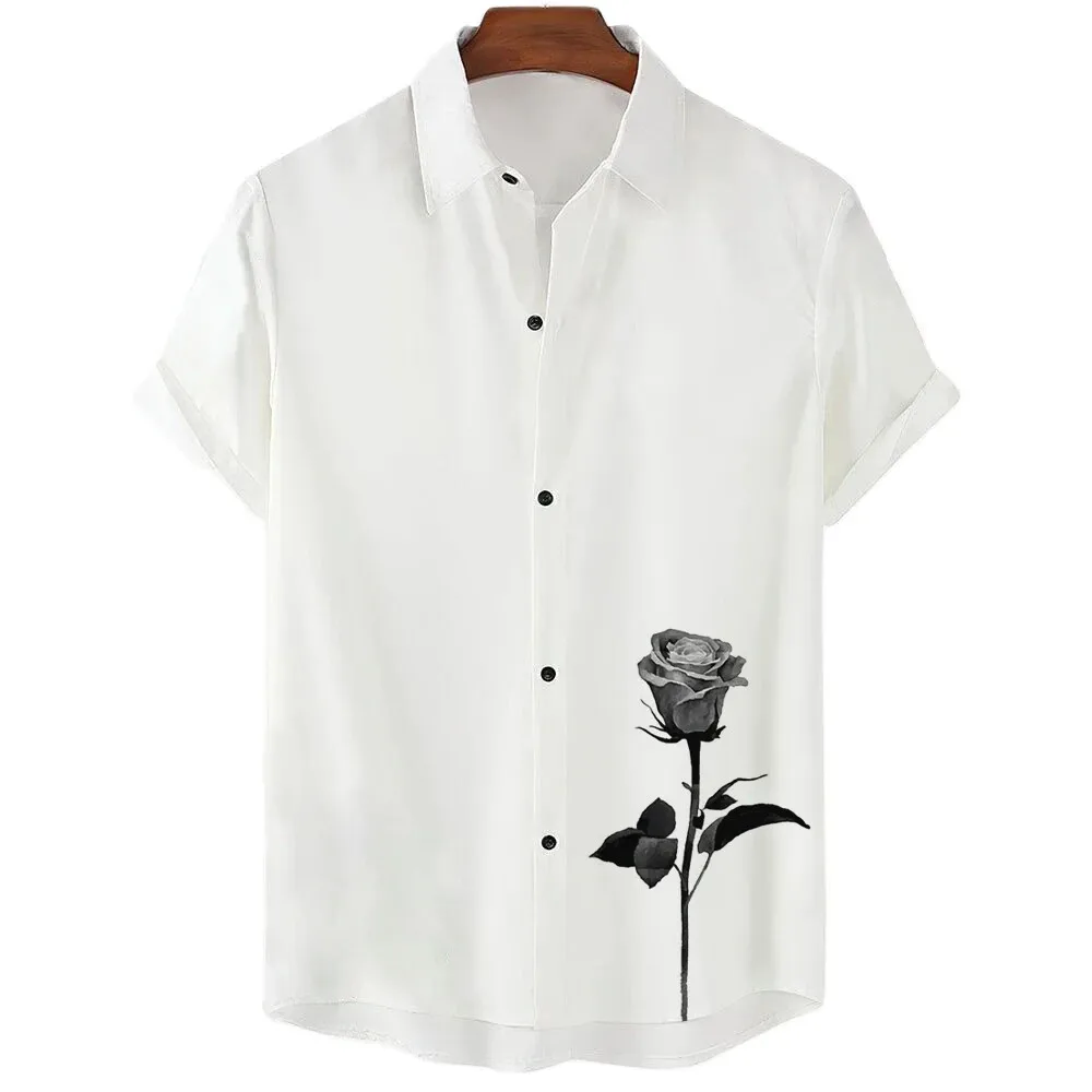 Pure White Simple Design Cherry Blossom Print Men's Casual Short Sleeve Shirt Summer Floral Casual Vacation Men's Top Oversized 5