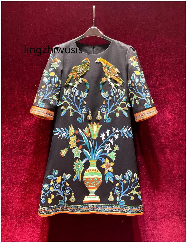 

Women Black Dress Beading Vintage Print Handmade Beading Half Sleeves Slim A-Line O-Neck Casual Elegant Vestidos New Arrive