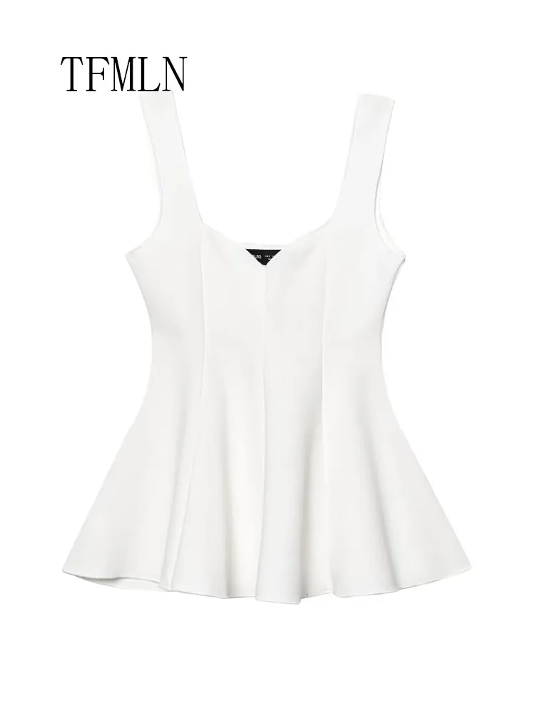 TFMLN 2025 Summer Women Solid Skirt Hem Tops Fashion Square Collar Sleeveless Slim Camisole Top High Street Ladies Causal Shirt