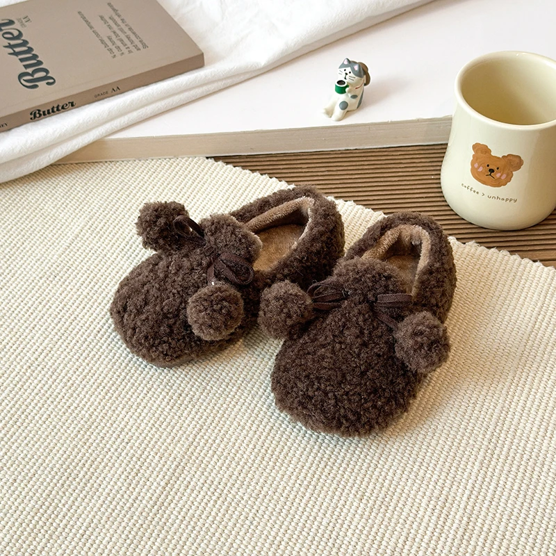 Girls Fuzzy Winter Shoes with Plush Ball Soft Sole