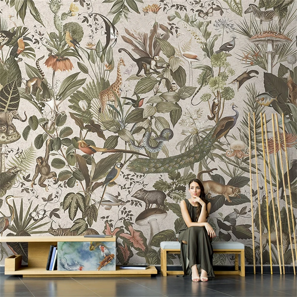Papéis de Parede Impermeáveis para Sala de Estar Parede Sudeste Asiático Animal World Fundo da Floresta Quarto Personalizado