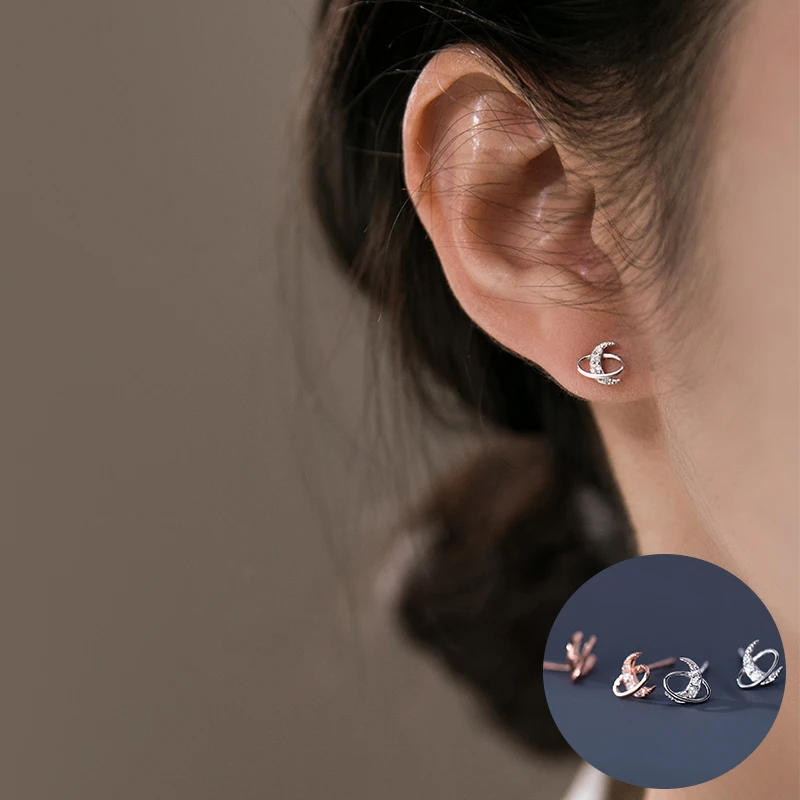 

100% 925 Sterling Silver Zircon Moon Earrings for Women Girl Simple Fashion Circular Ring Design Jewelry Party Gift Dropshipping