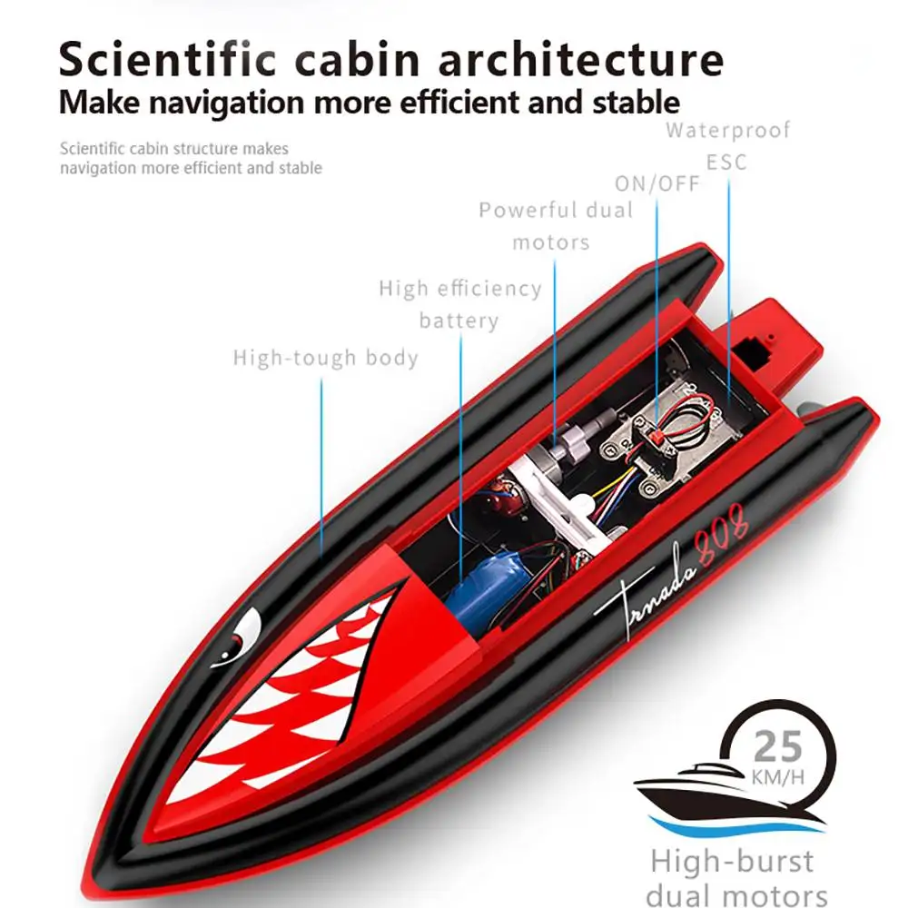2.4Ghz 25km/h 808 Shark High-Speed Handle Remote Control Boat with Dual Motor Design and Superior Battery Life Toys Gifts
