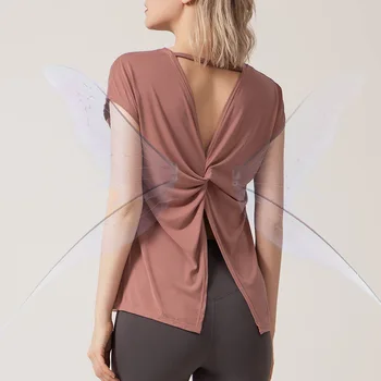 Women's Split Side Yoga Top Sexy Open Back Fitness T-shirt Loose Fit Workout Tee Running Sports Cover Gym Wear Woman clothing 1