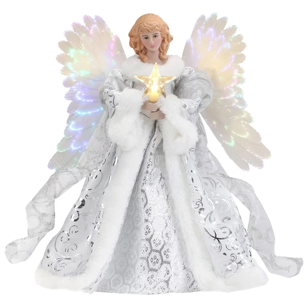 Christmas tree decoration Angel Tree Topper Flat Pendant Xmas Tree Topper Decorative with Lights Reusable Festival Theme for Indoor Office Decoration