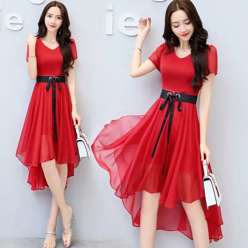 

Elegant Spliced Lace Up Bow Asymmetrical Midi Dress Women's Clothing 2024 Summer New Loose Office Lady Irregular Ladies Dresses