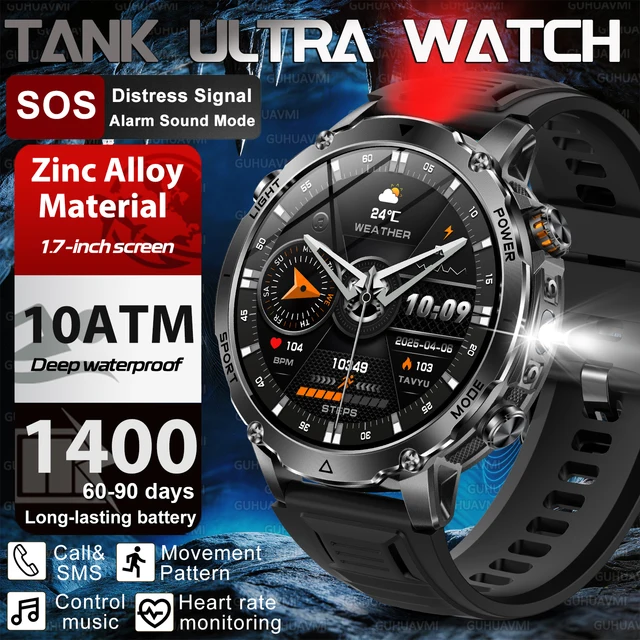 Nouvelle Montre Connectée TANK 2026 de 1,7 pouces, Durabilité Militaire, Batterie 1400 mAh, Appel HD, Étanchéité 10 ATM, Lampe Torche, Montre Sport pour Hommes 1