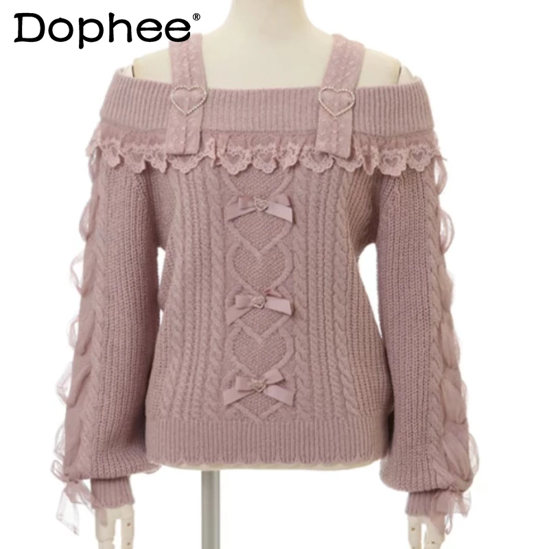

Sweet and Cute Lace Collar Mesh Stitching Long-Sleeve Sweater Women 2023 Autumn New Korean Fashion Love Strappy Bow Sweates
