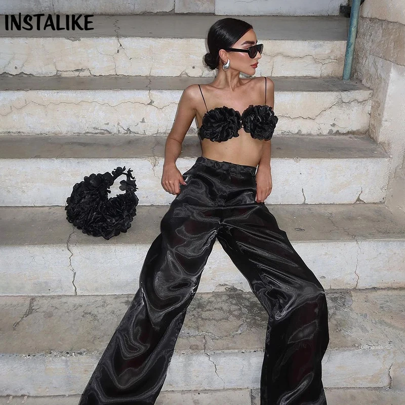 InstaLike Black Flowers Bra Crop Tops For Women Two Piece Wide Leg Trousers Office Outfits 2024 Korean Elegant Streetwear 2Pcs