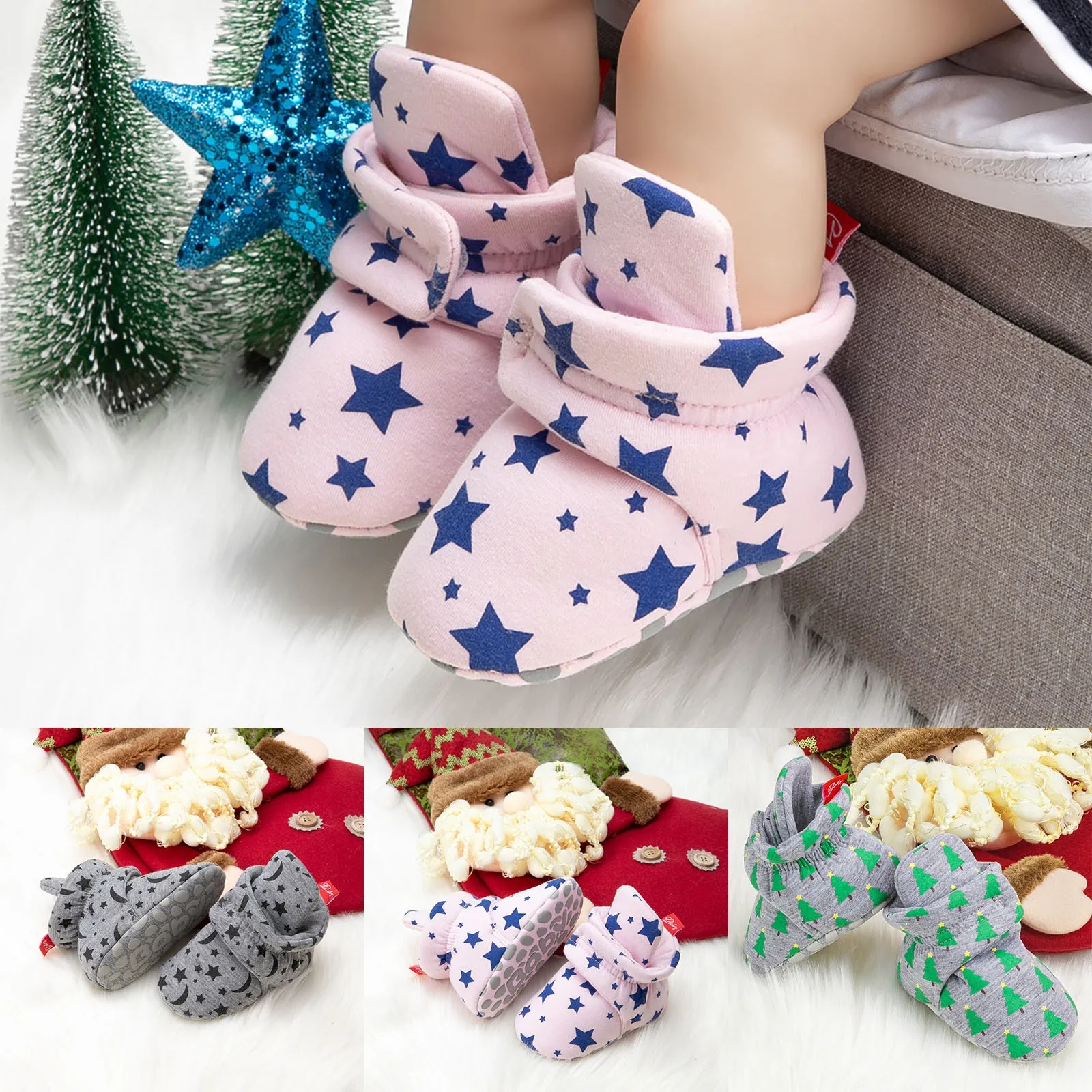 

6c Baby Girl Shoes Winter Christmas Non Slip And Warm Cute Star Pink Walking Shoes Soft Sole Baby Socks And Shoes