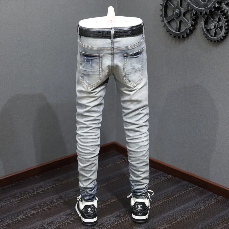 Streetwear Fashion Men Jeans Retro Blue Stretch Skinny Fit Ripped Jeans Men Hole Patched Designer Hip Hop Brand Pants Hombre