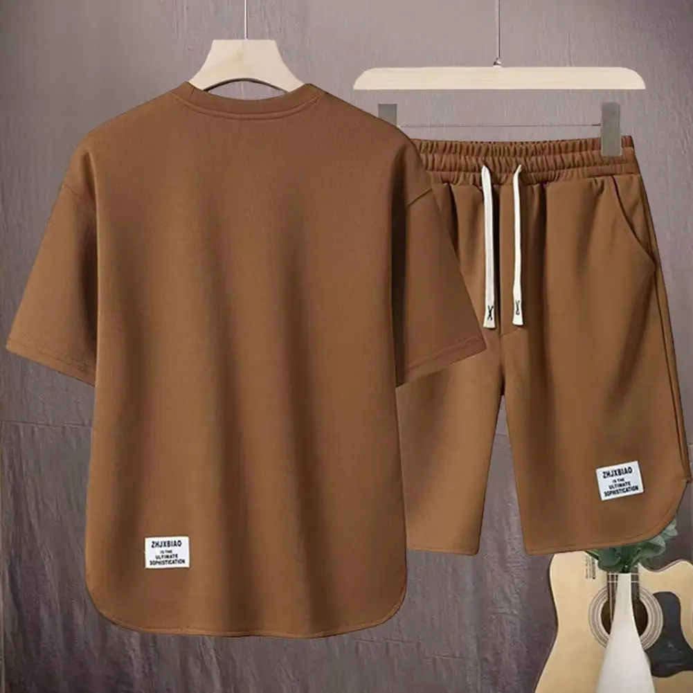 

Men Sportswear Set Men's Retro Sportswear Set with Ice Silk Top Drawstring Shorts Loose Fit Round Neck T-shirt Elastic Waist