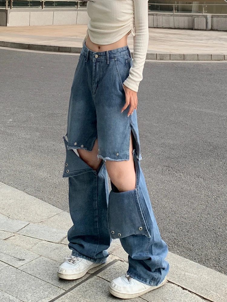 Detachable Buttons Jeans Women European American Wide Leg Low Waist Fashion Hip-Hop Straight Pants Female 2023 New Retro Jeans