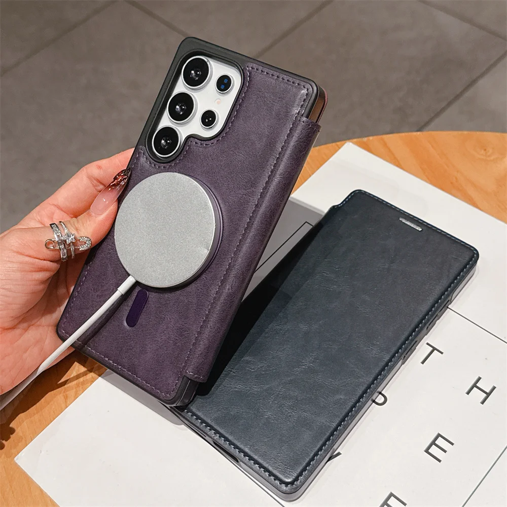 Luxury Classic Leather Flip Wallet - Magnetic Phone Case with Wireless Charging Compatibility