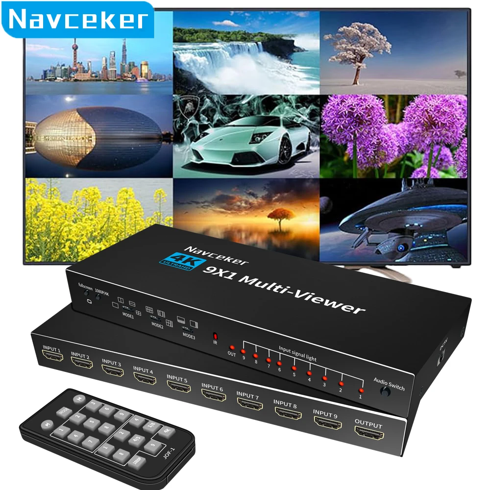 Navceker Hdmi-Compatibile Multiviewer 4K 9 In 1 Out 1080P Quad Screen Multi Viewer Hdmi Multi-Viewer Interruttore Senza Cuciture Con Ir