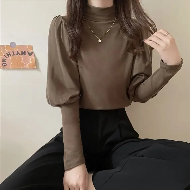 

Women's Long Bishop Sleeve Bottoming Shirts Slim Solid Color Tshirts Fall Winter T Shirts Vintage Fall Winter Clothes