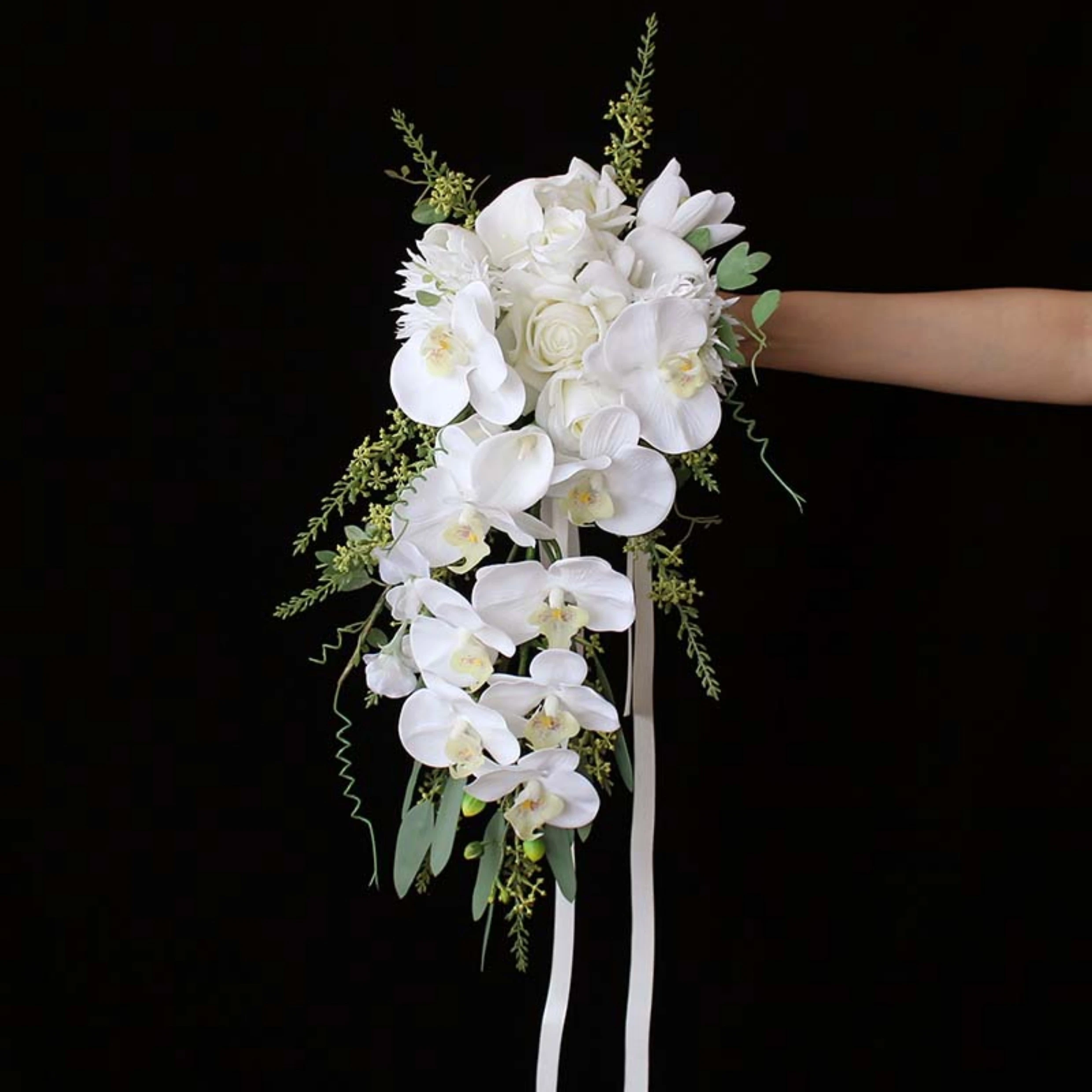 JaneVini 2023 White Waterfall Wedding Bouquet for Bride Silk Flowers Artificial Moth Orchid Rose Bridal Bouquet Hochzeit Zubehor