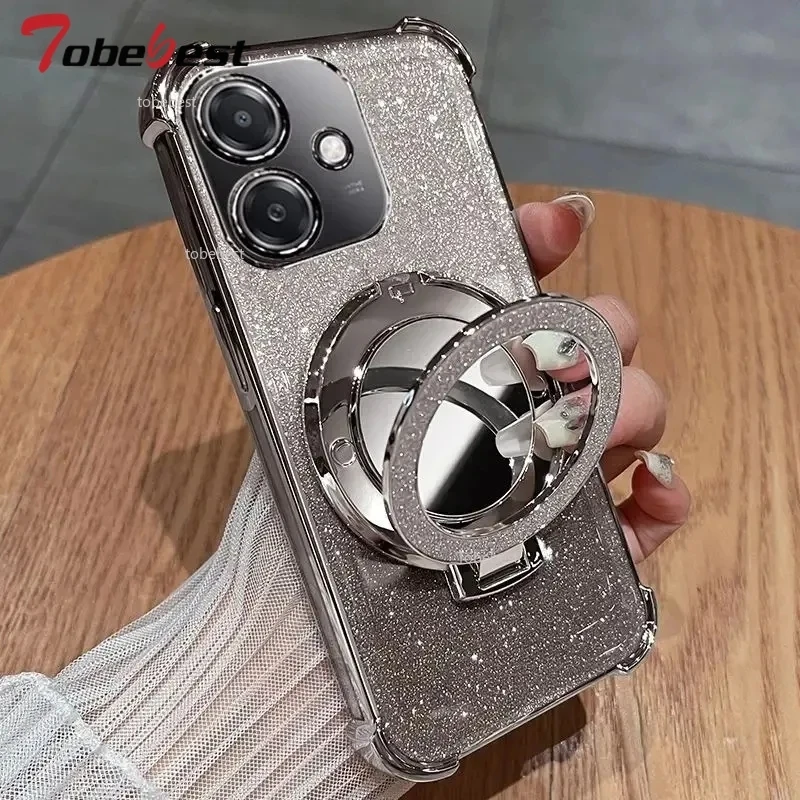 Glitter Shockproof Silicone Phone Case with Mirror and Magnetic Holder Stand
