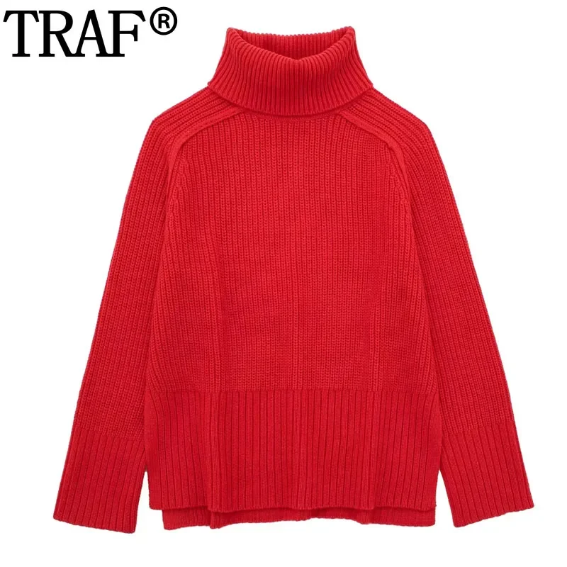 

TRAF 2024 Turtleneck Knitted Sweater Women Red Oversize Sweater Woman Jumper Autumn Winter Long Sleeve Top Casual Knit Sweater