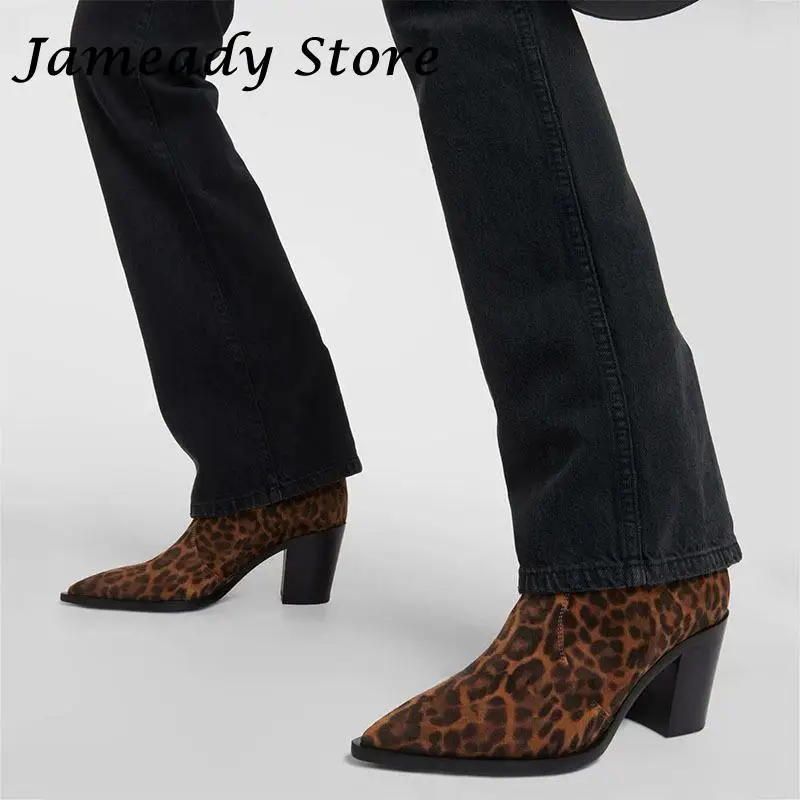 

Leopord Punk Style Ankle Boots Women Fashion Thick Sole Pointed Toe Large Size Designer Shoes Catwalk Runway Chelsea Botas Lady
