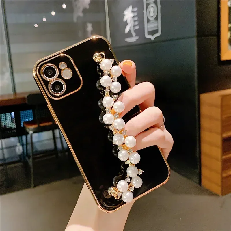 

Luxury Plating Pearl Bracelet Chain Soft Case For iPhone 15 13 14 12 Pro Max 11 XS X XR 7 8 Plus mini SE Glitter Silicone Cover