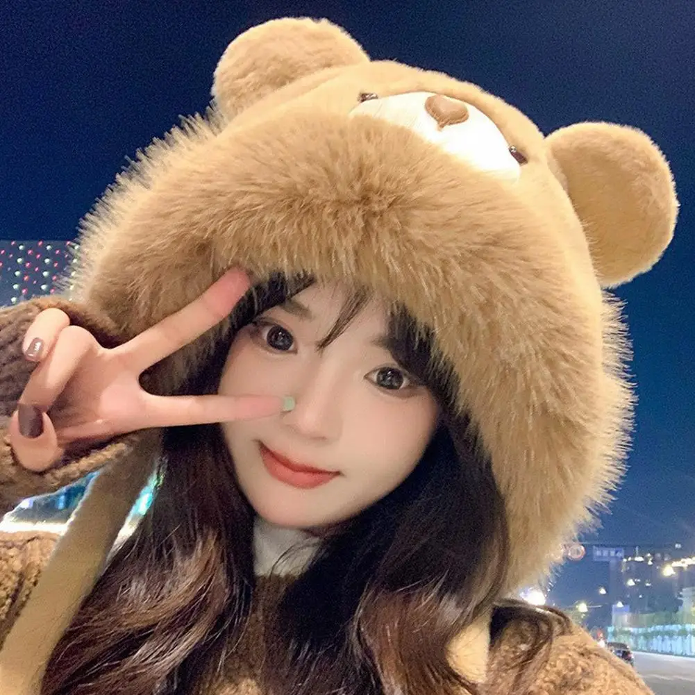 Plush Cute Bear Hat Women's Winter Gloves Fleece-lined Thick Windproof Cold-Proof Warm Beanie Hat Earmuff Headgear Cap Sets