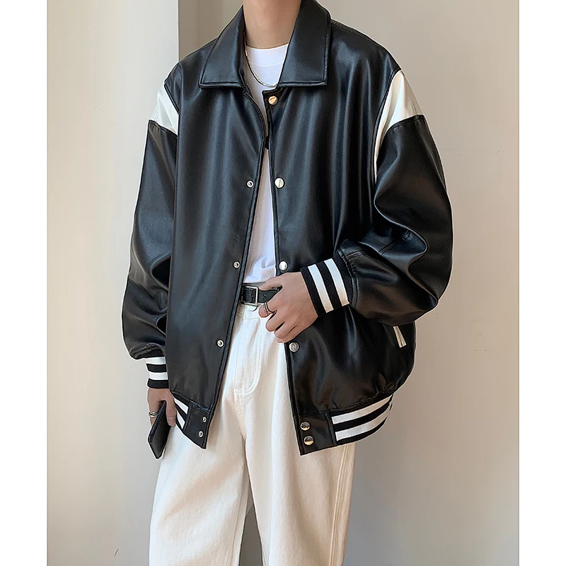 

2023 Men's Retro Lapel Collar Motorcycle Pu Leather Baseball Streetwear Jacket Fashion Trend Loose outerwear Black Color Coats