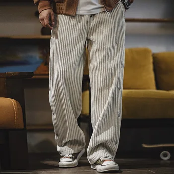 Maden Retro Autunno Velluto a coste Pantaloni sportivi a scatto Vita elastica allentata Sport Pantaloni casual a gamba dritta per pantaloni caldi invernali da uomo 1