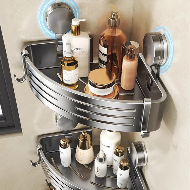 ชั้นวางของรูปสามเหลี่ยมแบบติดผนังสำหรับห้องน้ำ ทำจากอะลูมิเนียมอวกาศ ติดตั้งมุมห้องน้ำได้ ไม่ต้องเจาะรู ชั้นวางของในห้องน้ำแบบสามเหลี่ยม 1