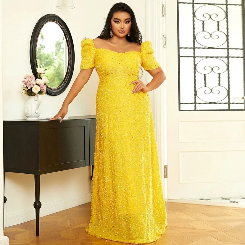 2023 Plus Size Round Neck Short Sleeve Yellow Shiny Sequin Evening Dress Banquet Wedding Plus
