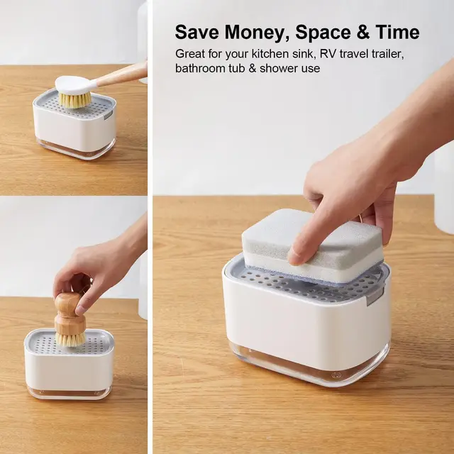 กล่องใส่สบู่เหลวแบบกด กล่องใส่ของเหลวขัดล้าง ห้องครัว ห้องน้ำ กล่องโฟมผงซักฟอกอัตโนมัติพร้อมที่วางฟองน้ำ 5