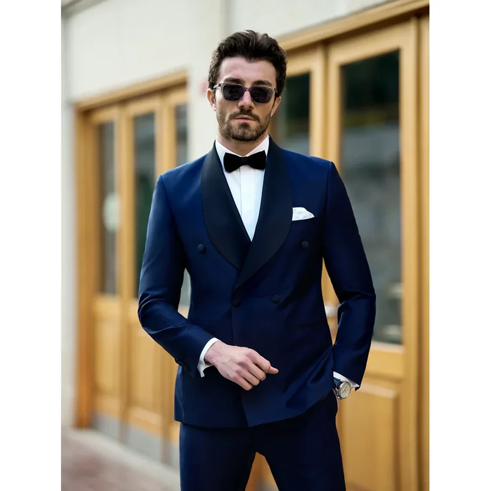 

Summer Shawl Lapel Double Breasted Suits for Men 2 Piece Fashion Groom Wedding Tuxedo Slim Banquet Party Suit (Blazer+Pants)