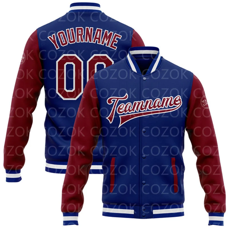 Custom Sapphire blue 3D Printed Baseball Button Jacket Bomber Full-Snap Varsity Letterman Jacket
