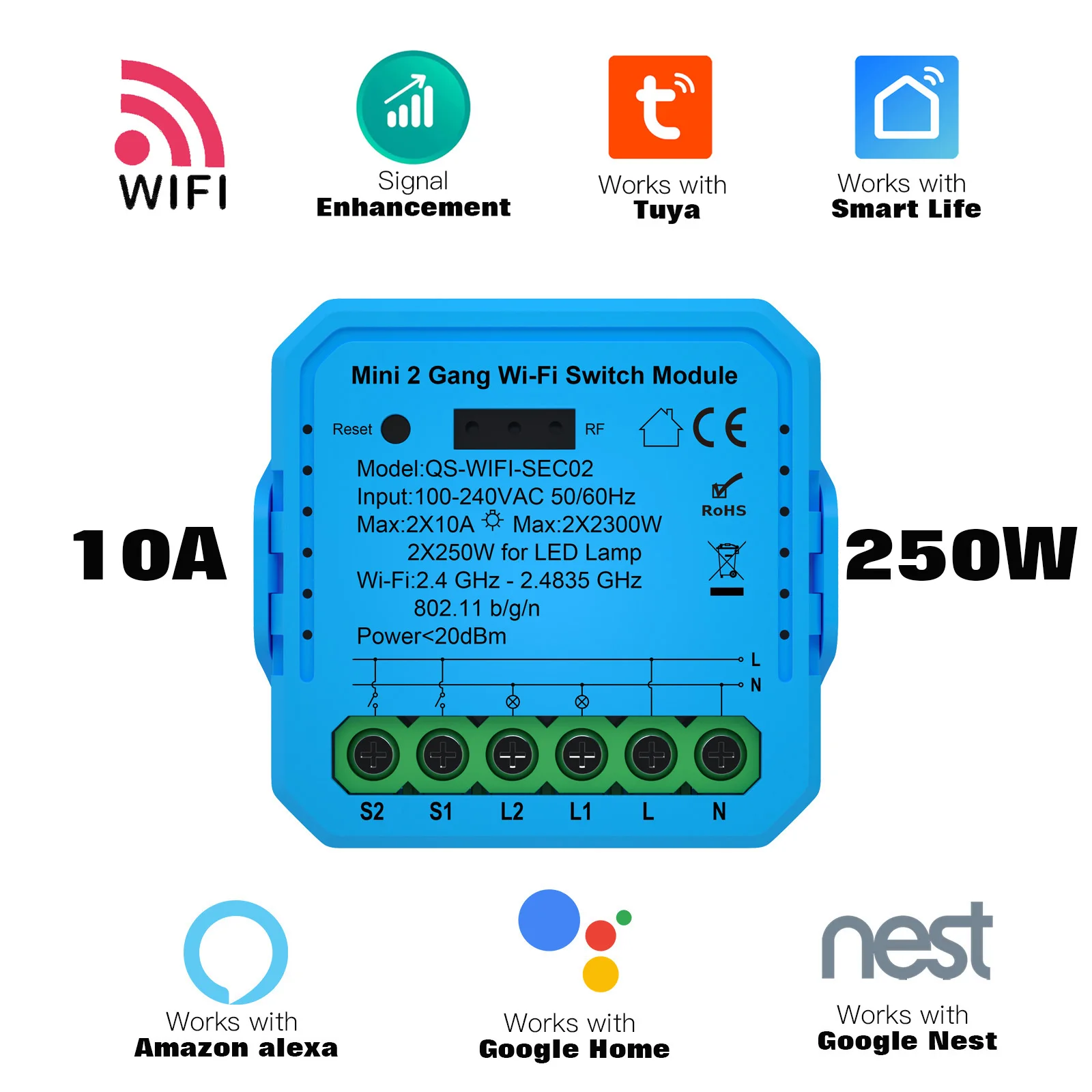 

Tuya WiFi Smart Switch Module Electrical Switching Breaker 2Gang Lighting Switch Module Mobile APP Control Alexa