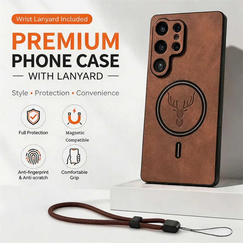 Luxury Leather Magnetic Wireless Charging Phone Case with Lanyard Cover