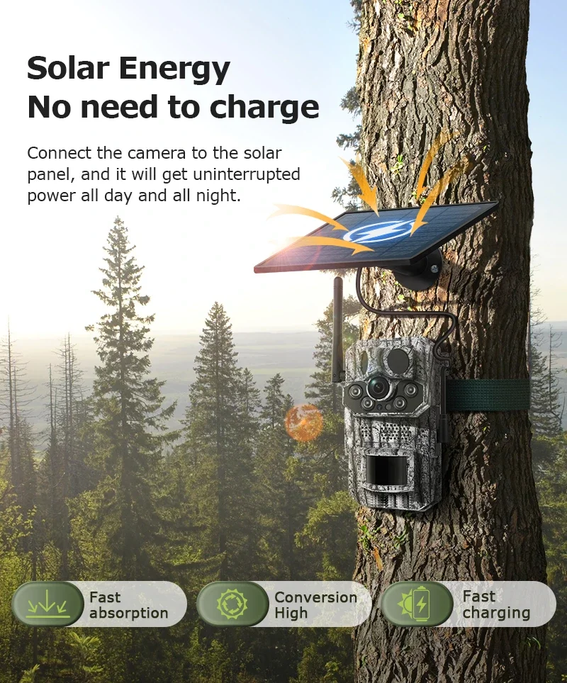 2K Outdoor 4G Solar Cellular Trail Camera Hunting Trail Camera 3-PIRs Motion Act