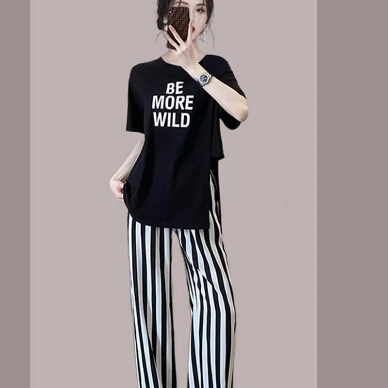 

Split T-shirt with Narrow Wide Leg Trousers for Women, Leisure Sports Set, Thin Loose Pop Street Fashion, New, Summer