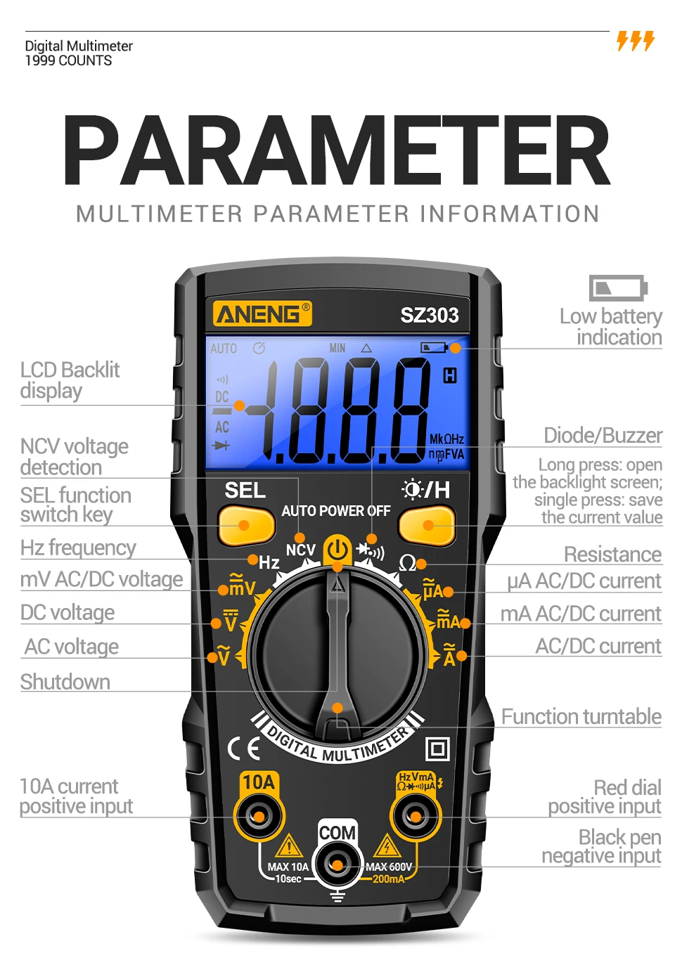 ANENG SZ303 Digital-Multimeter True RMS 1999 Messungen Automatische Bereichswahl Voltmeter Amperemeter Ohmmeter Kapazitätsmesser NCV Spannungsdetektor – Detail 14