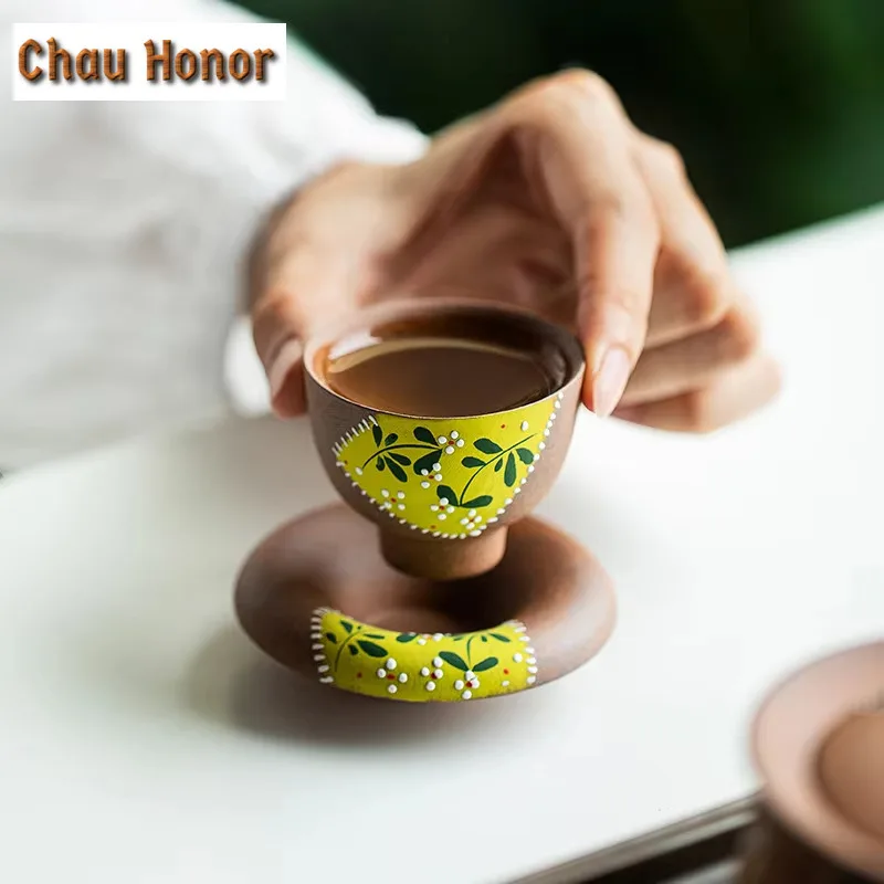 35ml Retro Pure Hand-painted Chrysanthemum Teacup Zen Old Rock Mud Tea Bowl Tea Cup Saucer Set Master Cups Tea Ceremony Craft