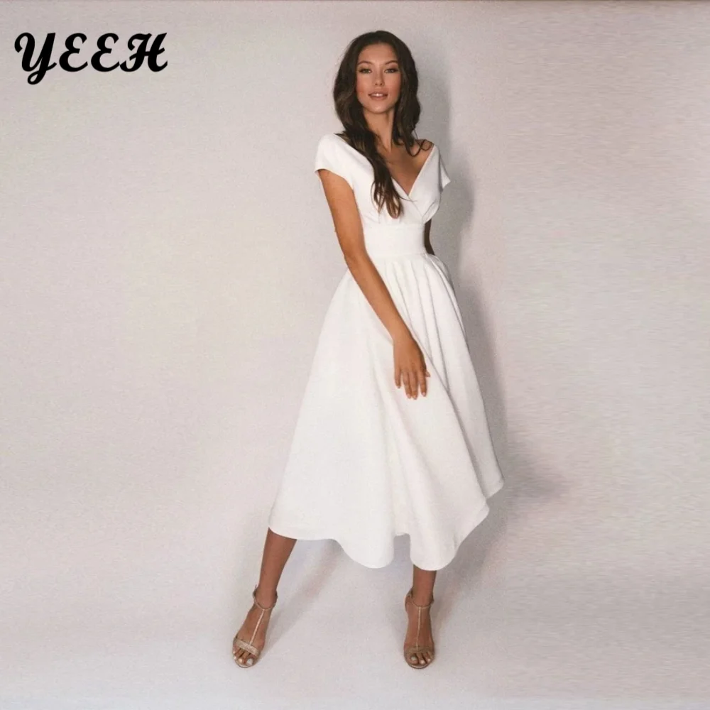 

YEEH Wedding Dress Tea Length Simple Plain Backless Soft Satin A-Line Sexy Off Shoulder V-Neck Bridal Gowns Vestidos De Novia