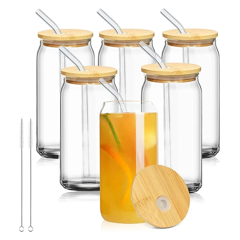 

6 Pieces 16Oz Beer Can Glass With Lids And Straw, Can Shaped Glass Cups Glass Cups Beer Can Glass Cute Tumbler Cup