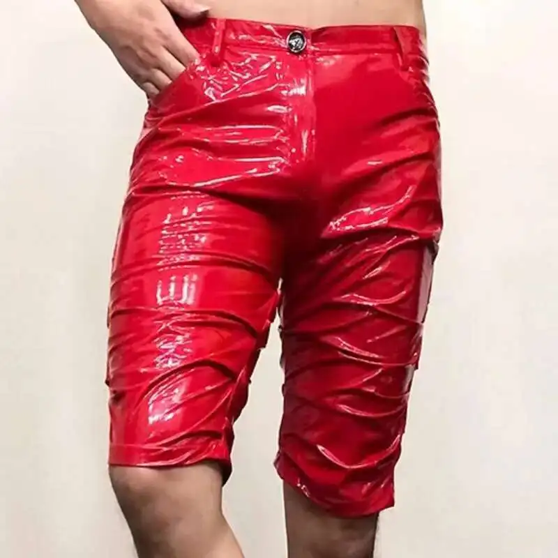 Shinny Leather Short Sexy Nightclub Multicolor Elasticity Slim Men Motorcycle Shorts Men's DS Costumes Anti-bright PU Pant
