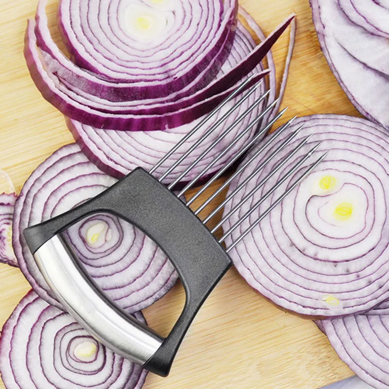 1Pcs Onion Holder Slicer, 2pcs Finger Guard, Holder Slicer Vegetable for Onion, Tomato, Lemon, Meat, Onion Cutting Tool Stainless Steel Cutting